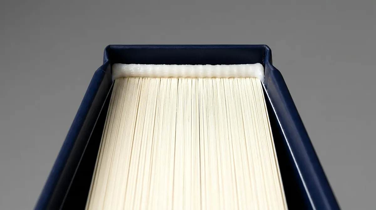 膠裝書脊由下向上特寫，可見書頁邊緣被一層白色膠水黏合到封面，方脊結構清晰